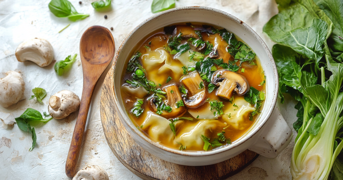 Soupe aux potstickers avec champignons et bok choy : savourez !