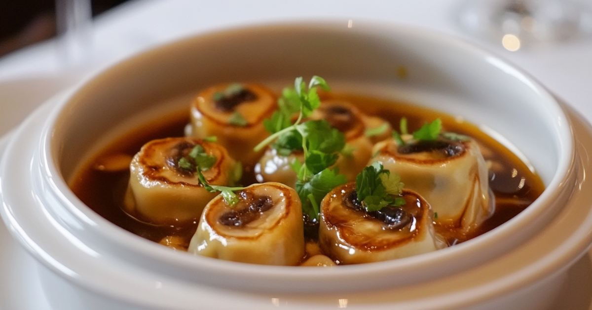 Soupe aux potstickers avec champignons et bok choy : savourez !