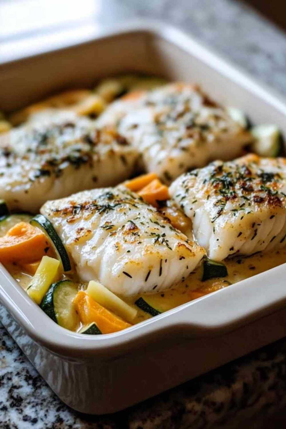 Assiette de filet de cabillaud à la crème avec légumes