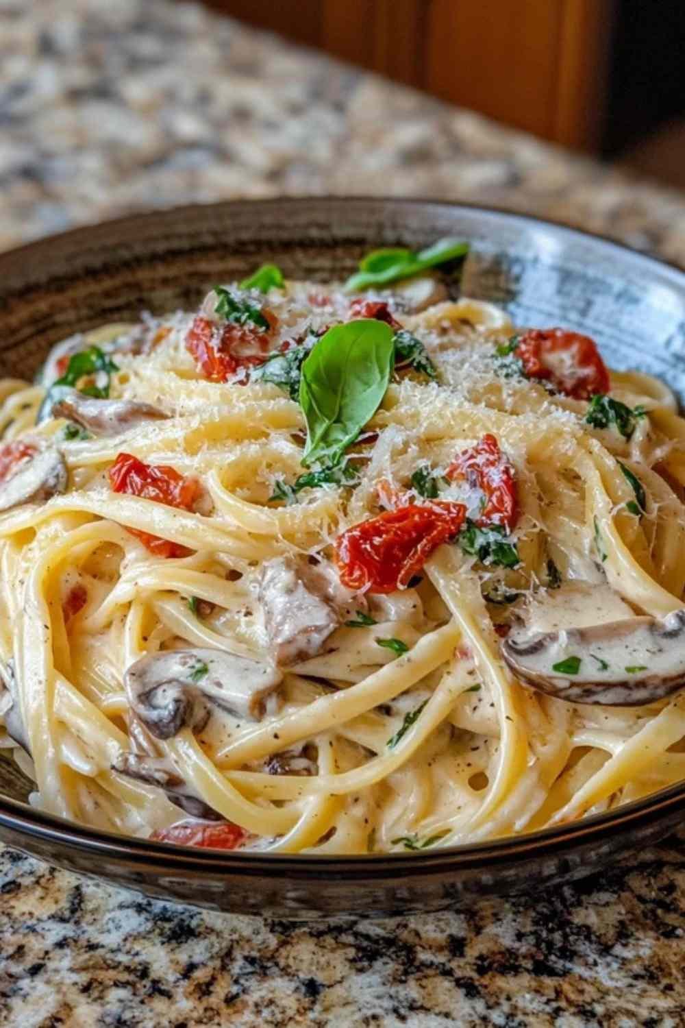 Pâtes crémeuses aux tomates séchées et champignons dans une assiette