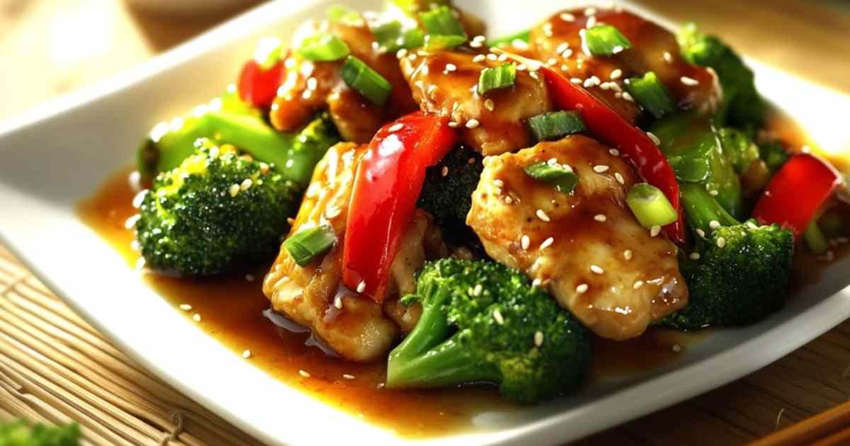 Sauté de poulet et brocoli dans un wok avec sauce brillante