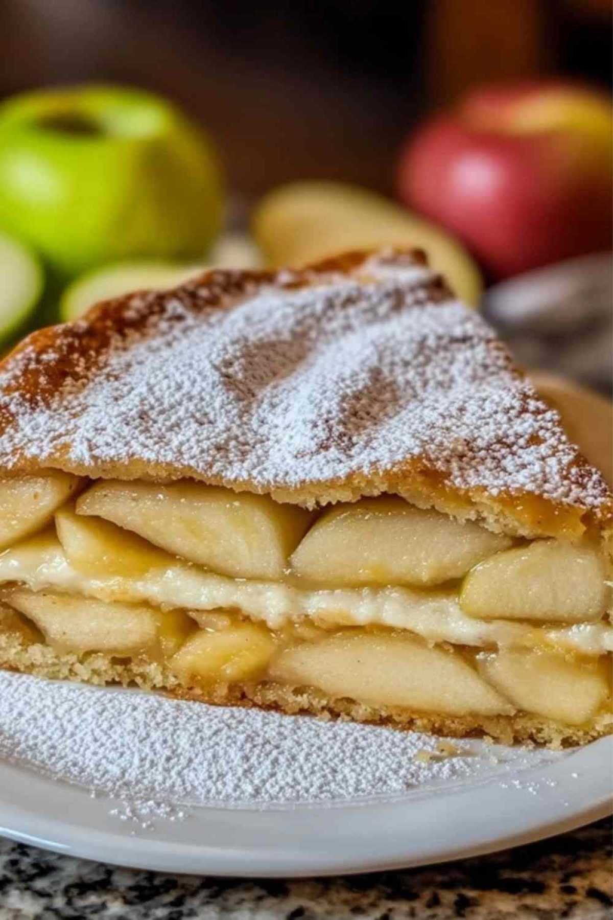 Gâteau aux pommes suédois saupoudré de sucre glace