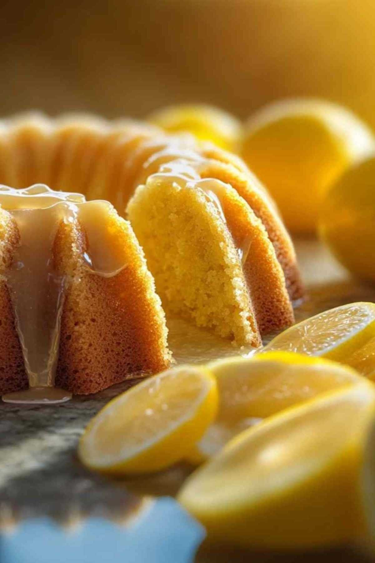 Tranche de gâteau au citron montrant sa texture moelleuse