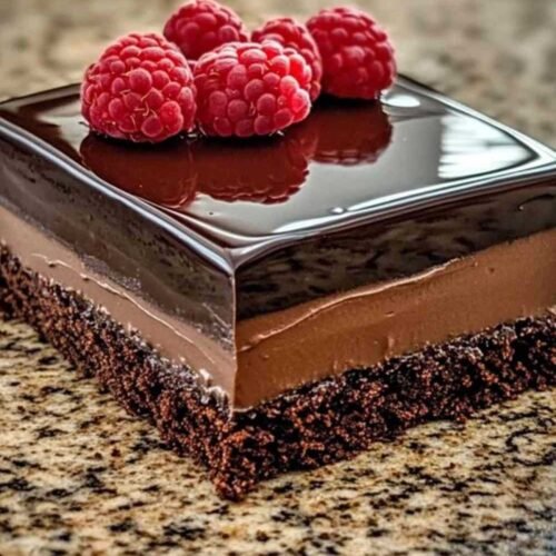 Tranche de gâteau truffe au chocolat montrant les couches de framboises