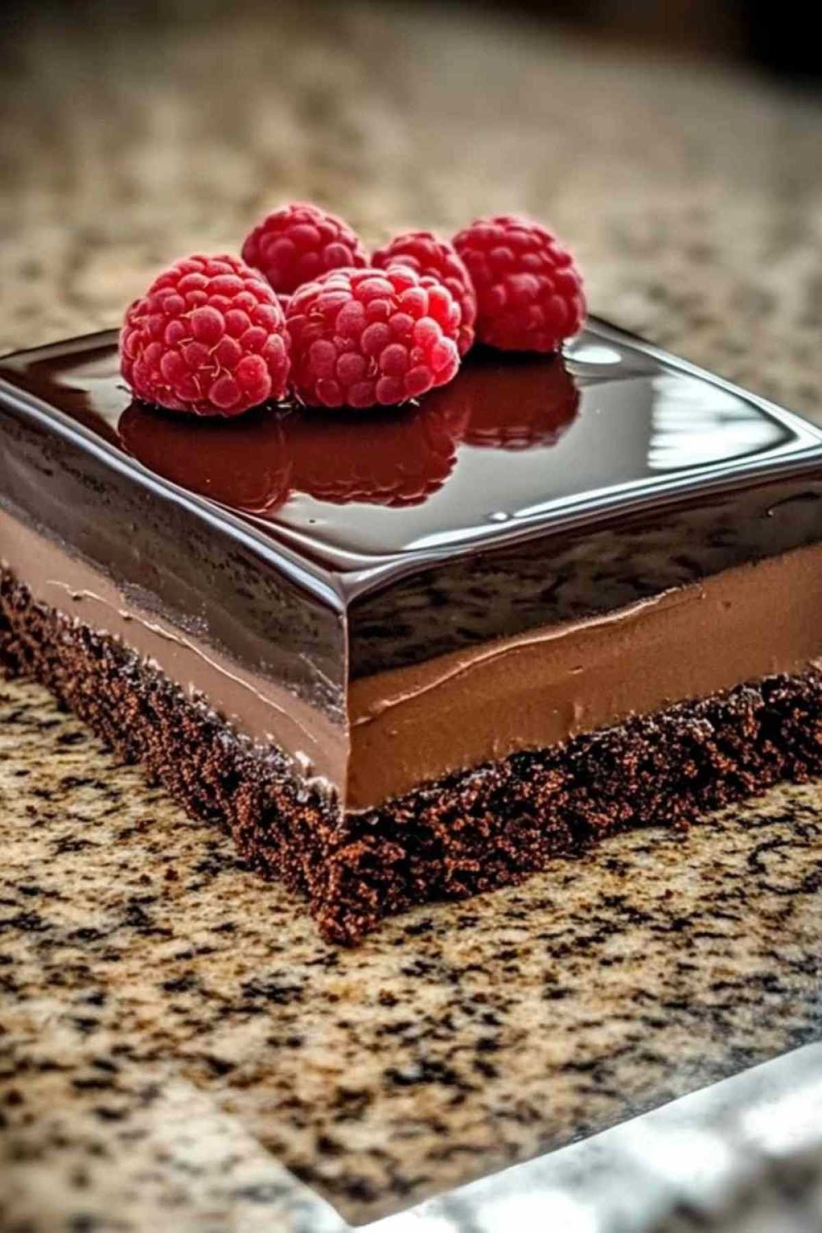 Tranche de gâteau truffe au chocolat montrant les couches de framboises