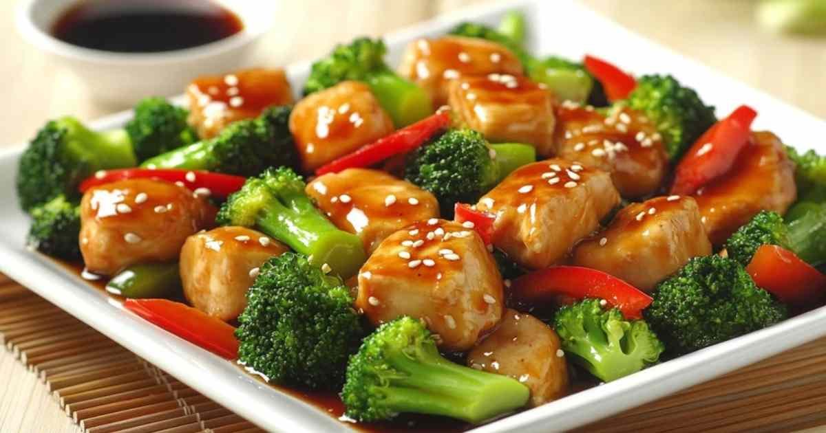 Sauté de poulet et brocoli dans un wok avec sauce brillante