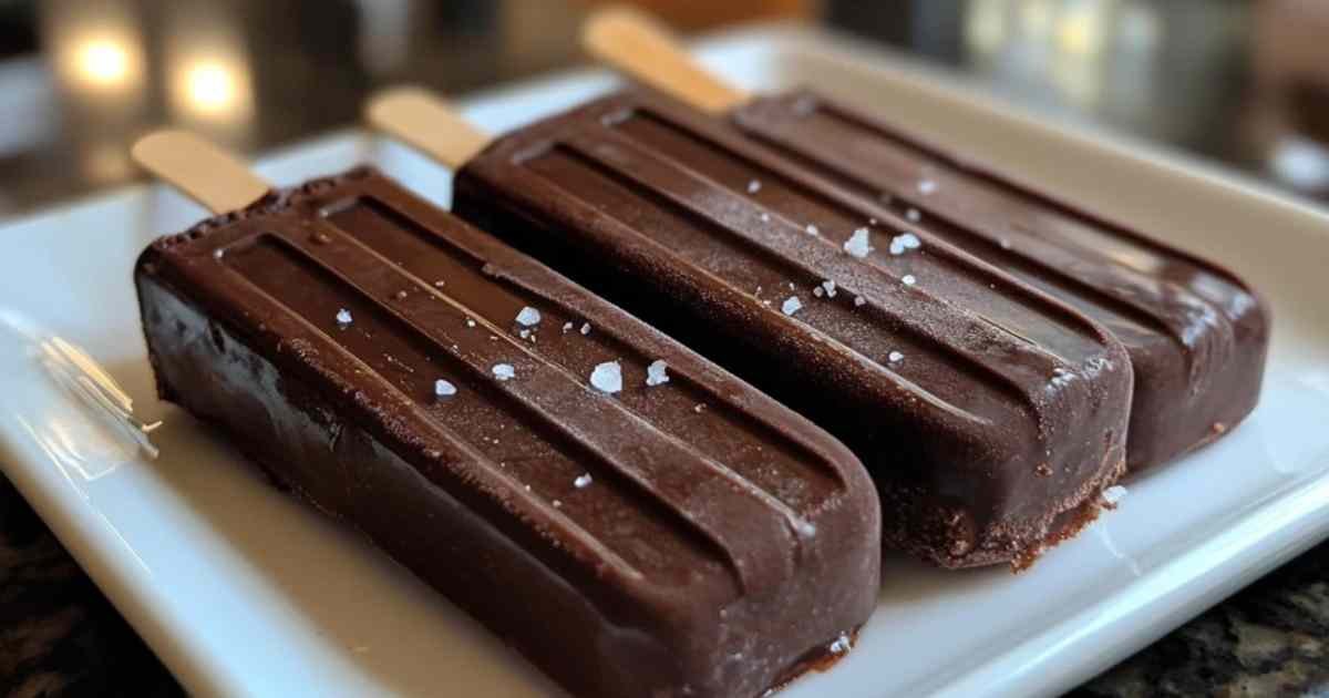 Fudgesicles maison au chocolat noir démoulés sur un plateau glacé