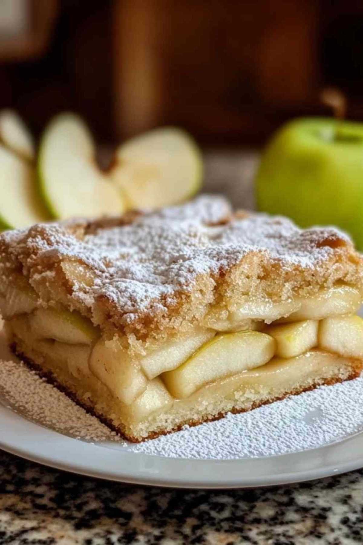 Gâteau aux pommes suédois saupoudré de sucre glace