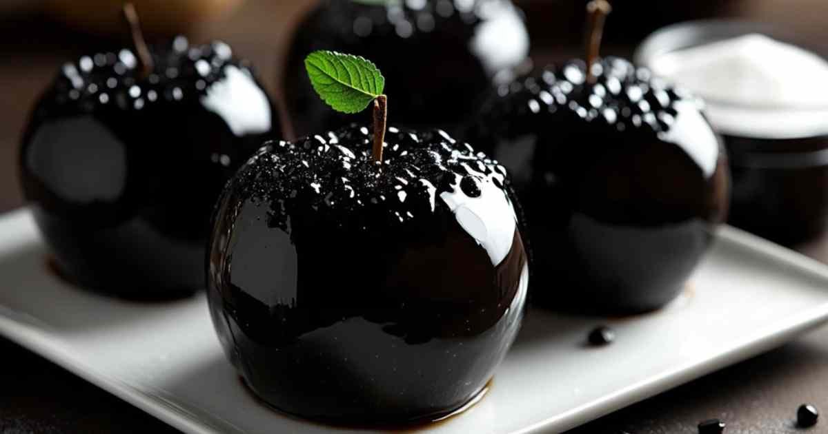 Pommes candies en tourbillon noir décorées de pépites de chocolat