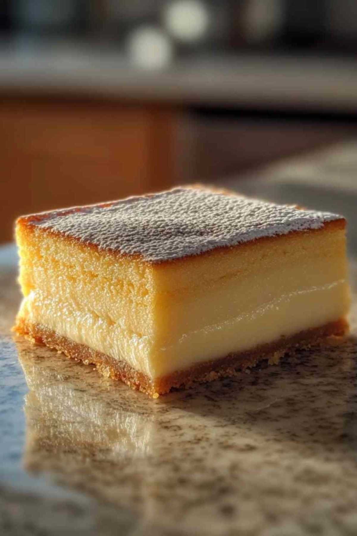 Gâteau magique servi avec fruits rouges et sucre glace