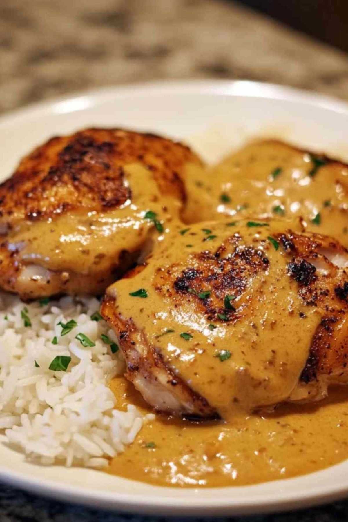 Cuisses de poulet dorées dans leur sauce crémeuse