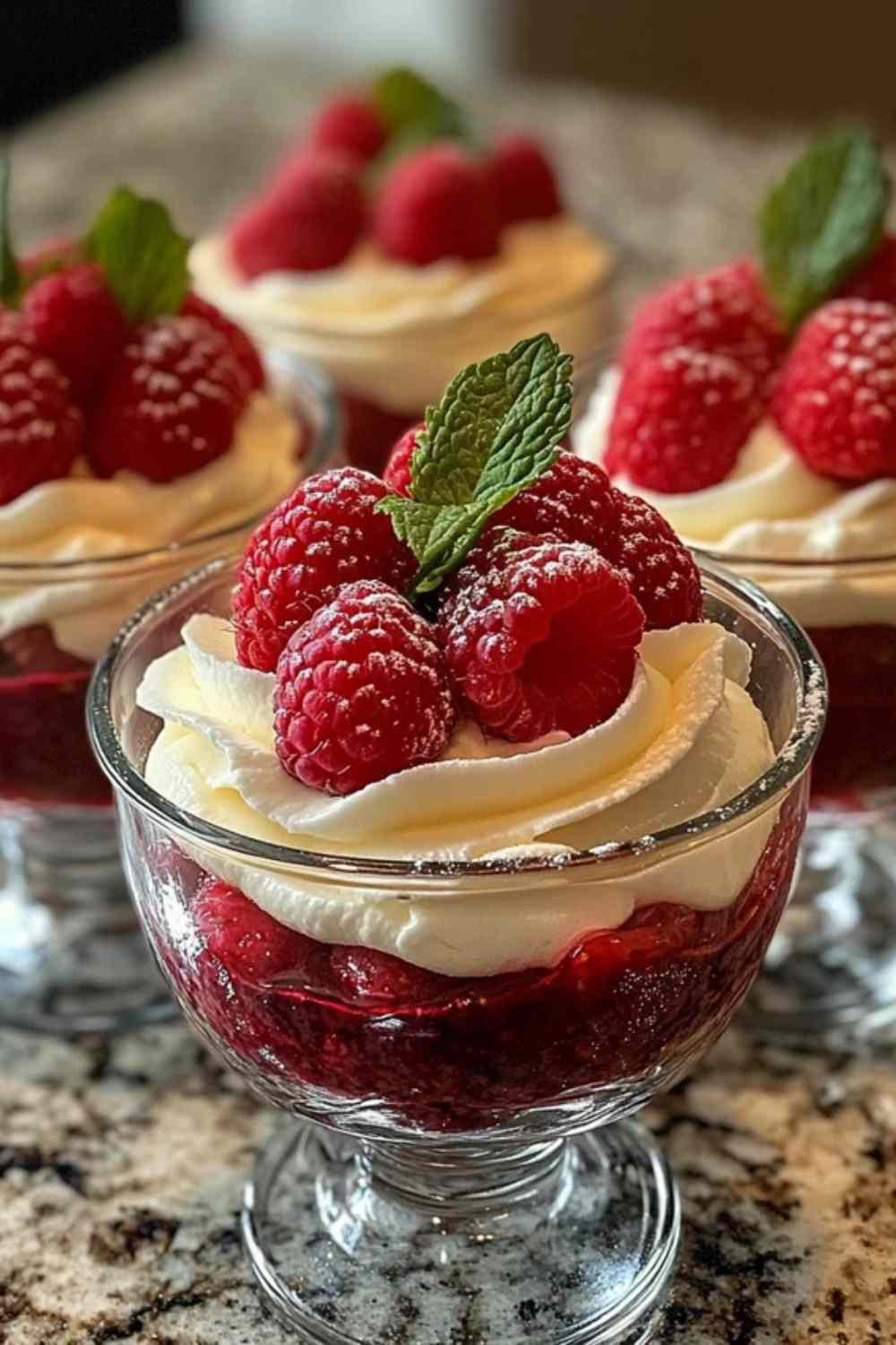 Verrines de duo fruits rouges et mascarpone décorées de menthe fraîche