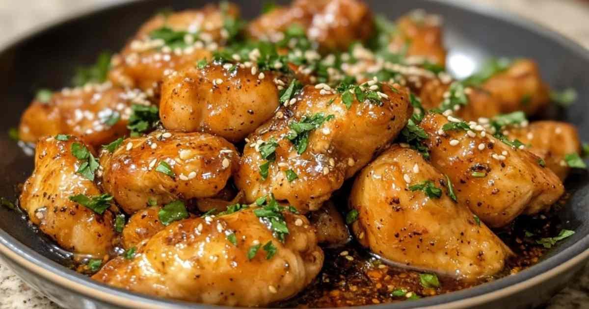 Poulet doré en train de cuire dans une poêle avec sauce au miel et à l’ail