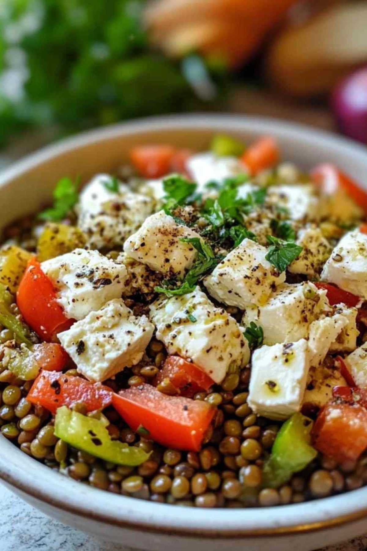 Étapes de préparation de la salade de lentilles avec feta marinée et légumes