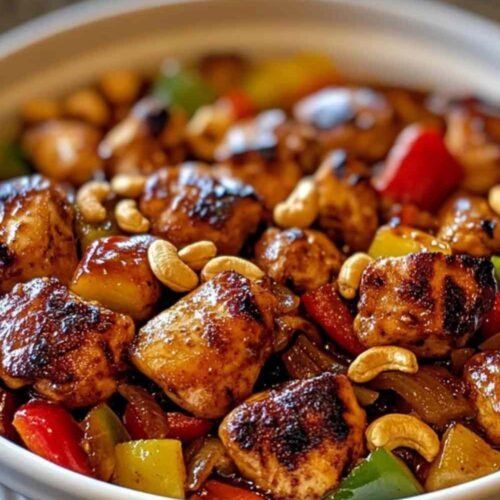 Poulet aux noix de cajou et poivrons servi dans un bol avec du riz