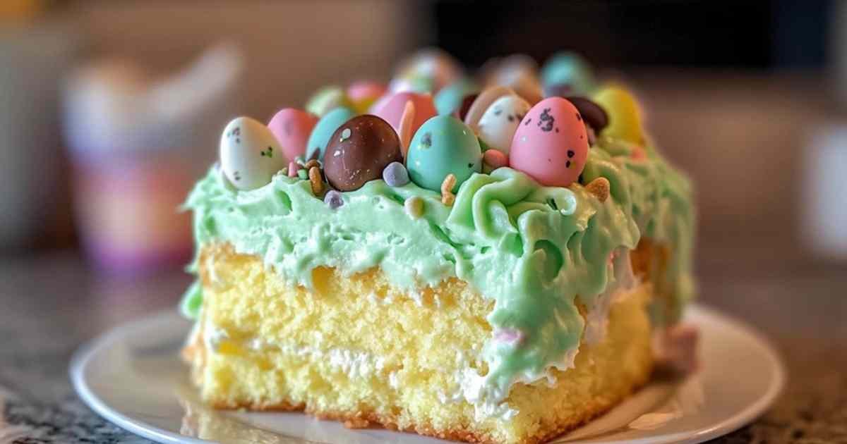 Gâteau poke lapin de Pâques décoré sur un plat de service