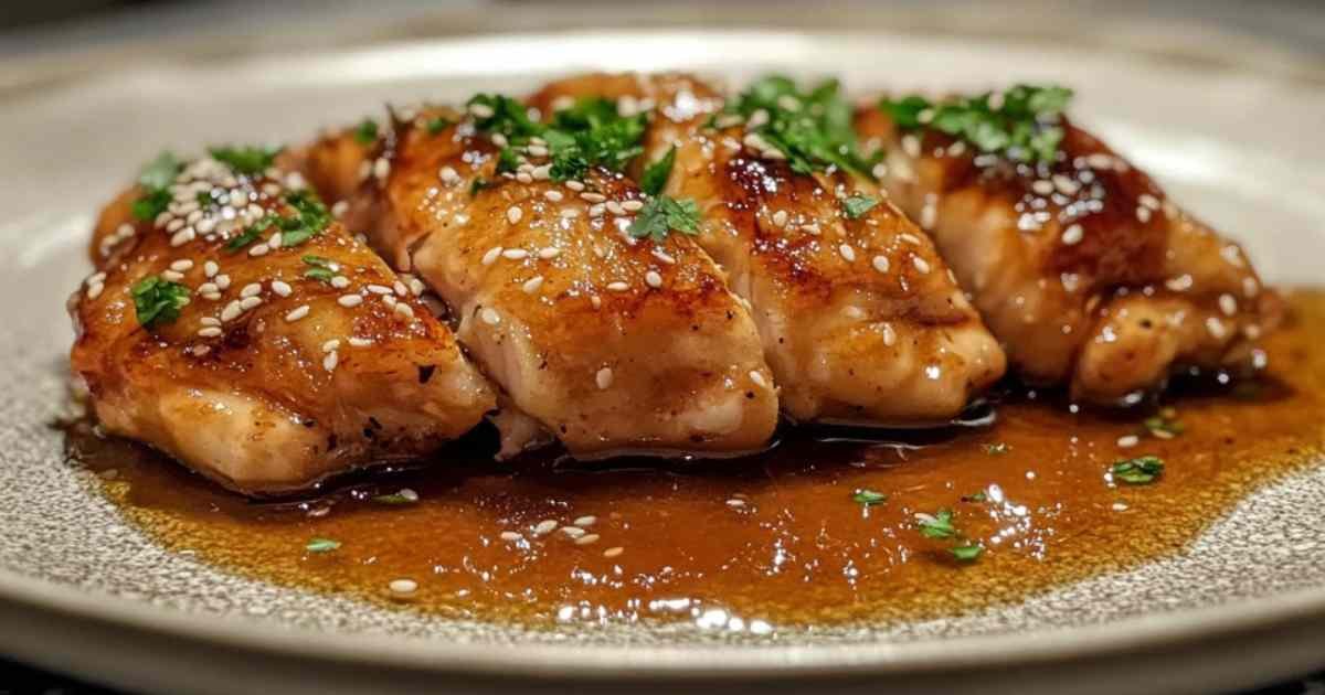 Poulet doré en train de cuire dans une poêle avec sauce au miel et à l’ail