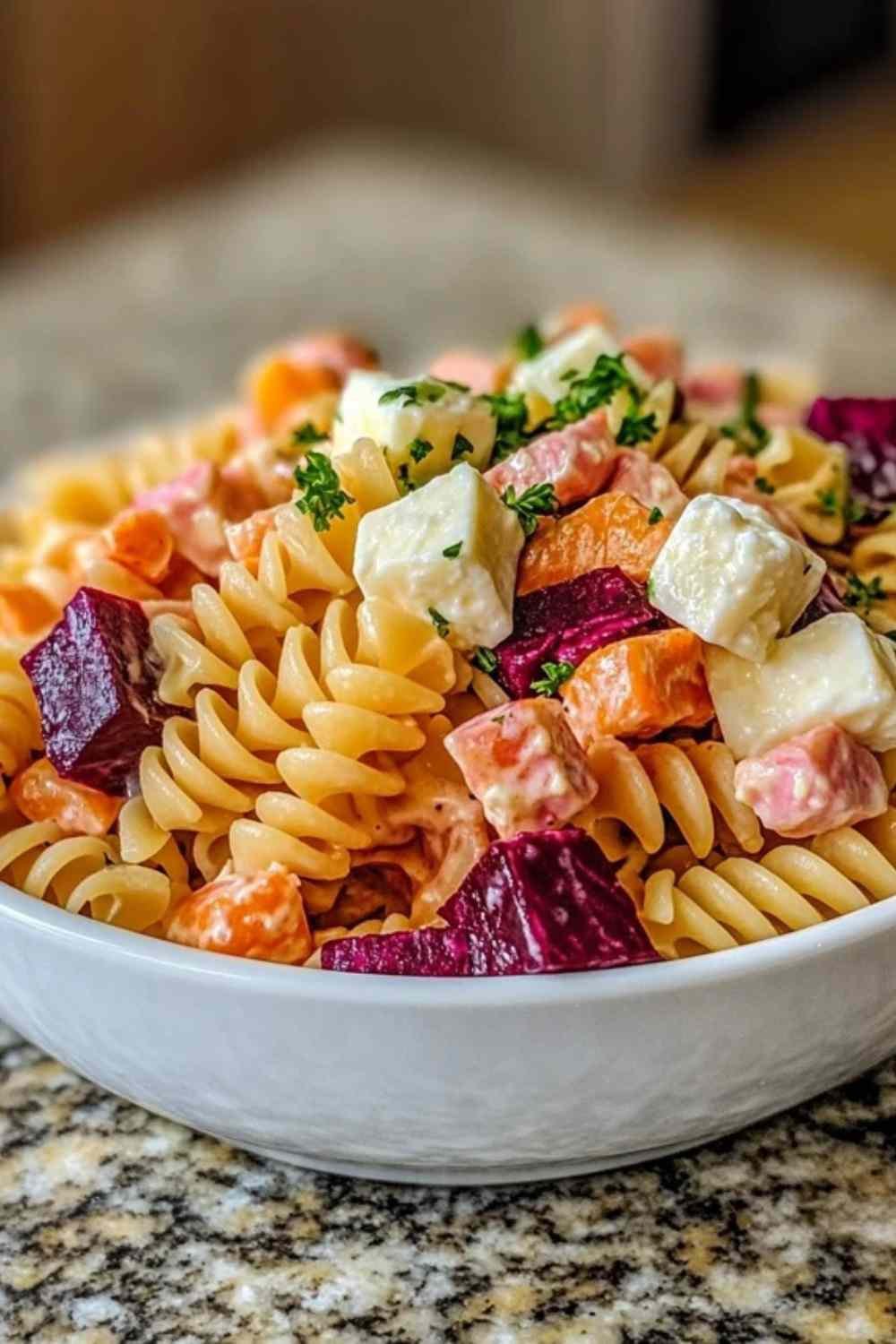 Salade de pâtes au surimi, betterave et fromage frais dans un saladier