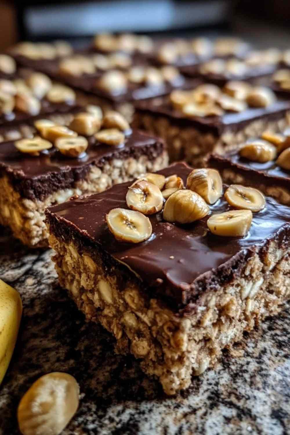 Ingrédients pour barres de céréales maison : avoine, noisettes, banane et chocolat