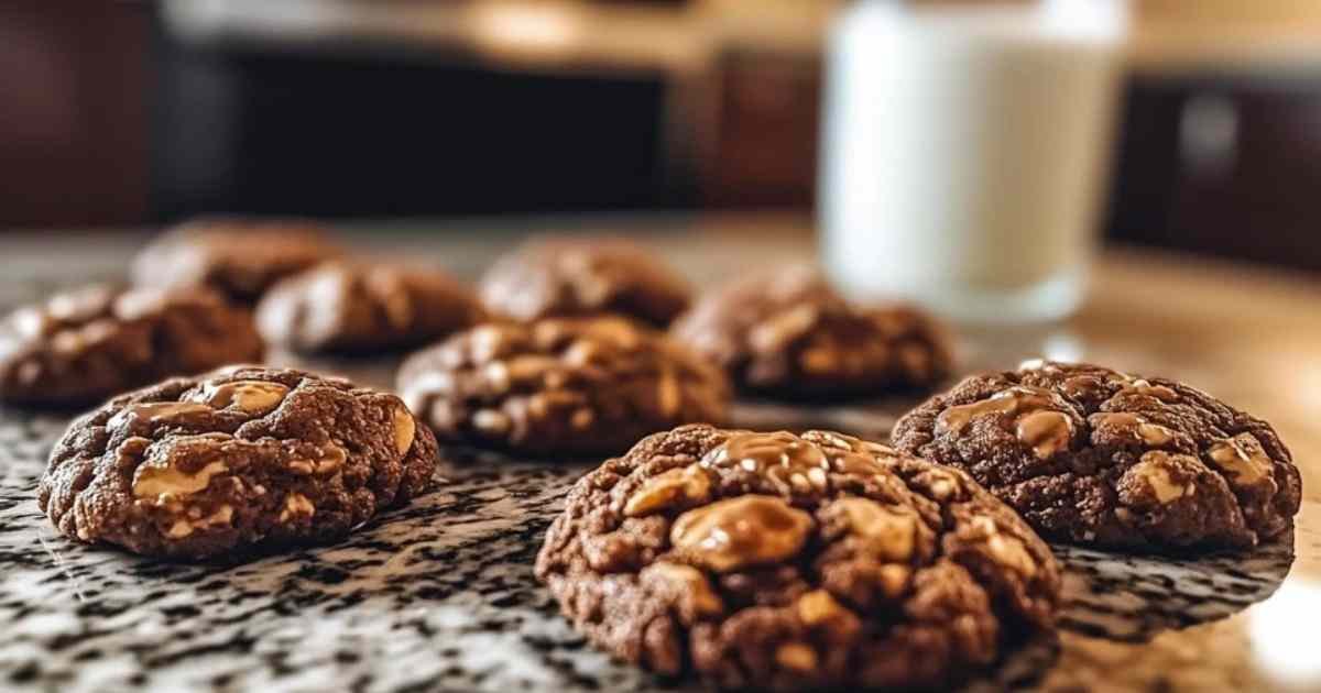 Cookies au chocolat sans cuisson avec beurre de cacahuète disposés sur une assiette.