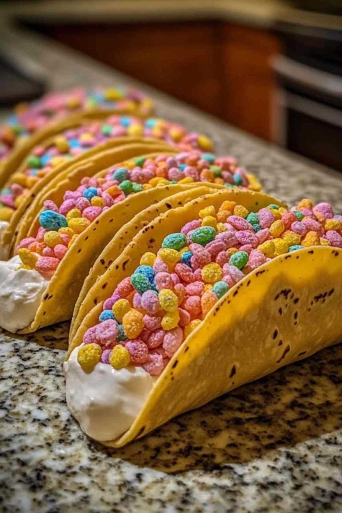Assemblage des tacos de cheesecake avec ajout des Fruity Pebbles