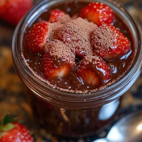 Préparation de confiture de fraises au chocolat noir dans une casserole en cuivre