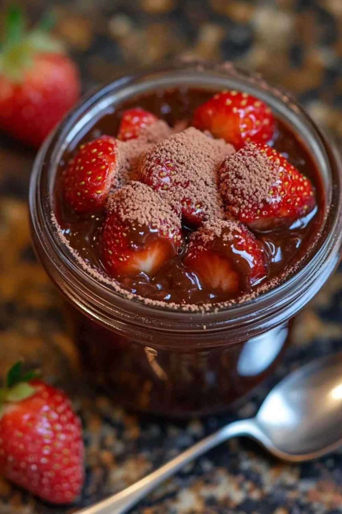 Préparation de confiture de fraises au chocolat noir dans une casserole en cuivre