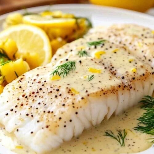 Filets de cabillaud nappés de sauce à la moutarde et crème citronnée avant cuisson