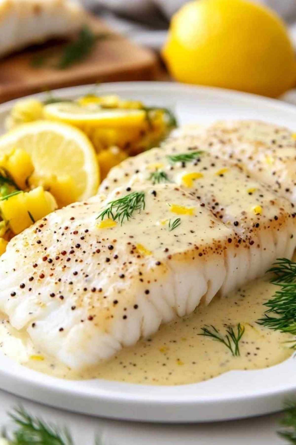 Filets de cabillaud nappés de sauce à la moutarde et crème citronnée avant cuisson