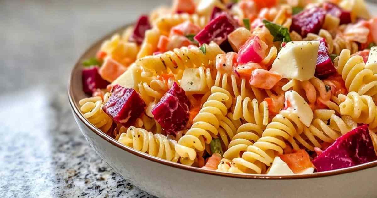 Ingrédients pour salade de pâtes au surimi et betterave disposés sur un plan de travail