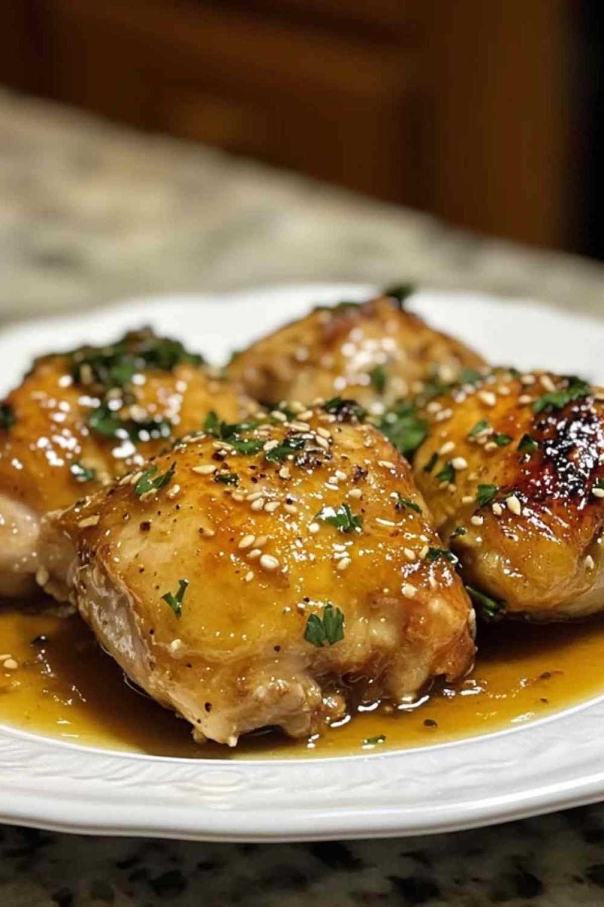 Sauce caramélisée au miel et à l’ail enrobant un morceau de poulet