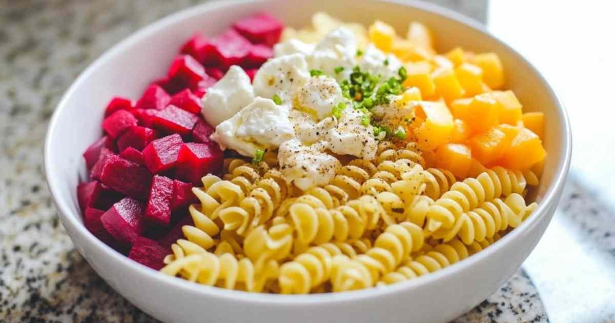 Portion individuelle de salade de pâtes au surimi et betterave servie dans une assiette blanche