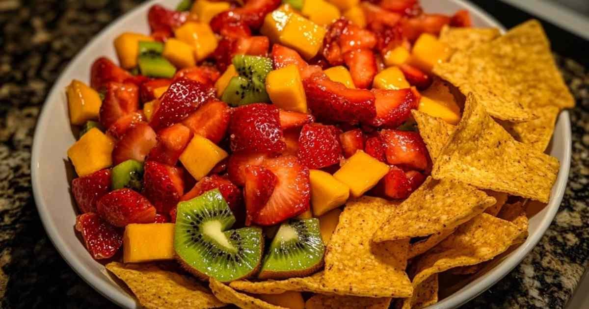 Salsa de fruits colorée avec chips à la cannelle dorées