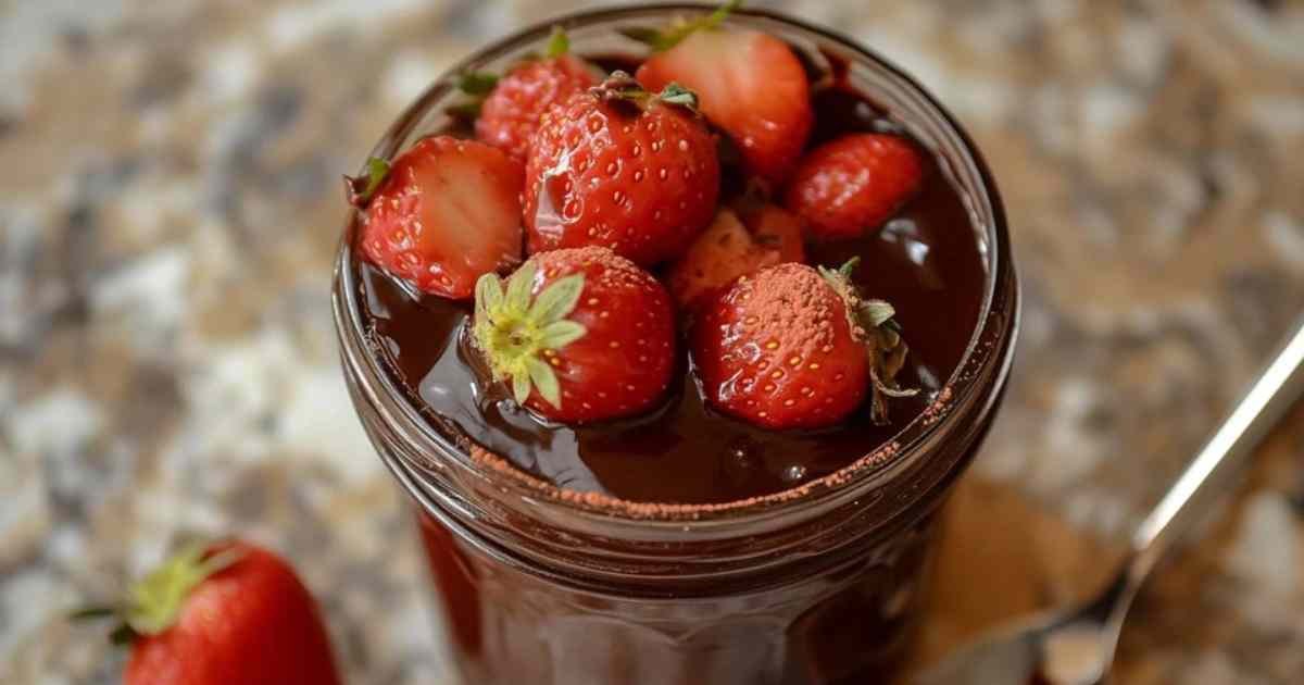 Pot en verre de confiture de fraises au chocolat noir avec étiquette artisanale