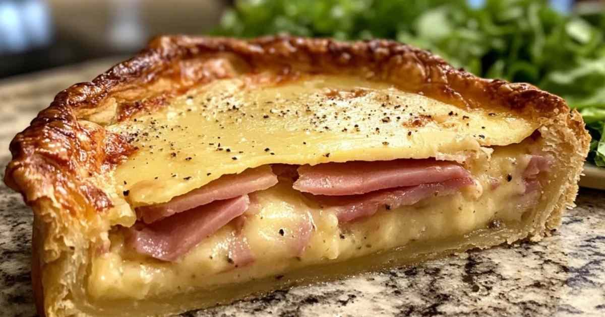 Tarte jambon gruyère servie avec une salade verte fraîche