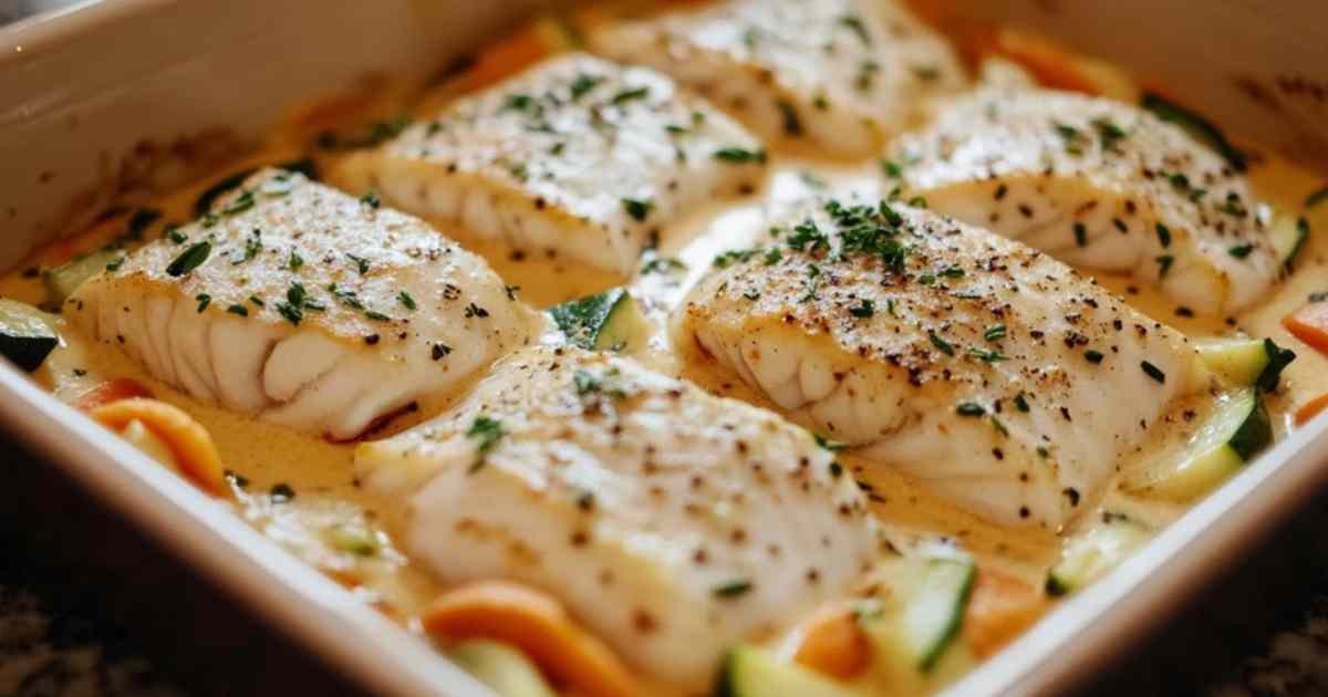Filets de cabillaud au four nappés de sauce crémeuse avec légumes colorés