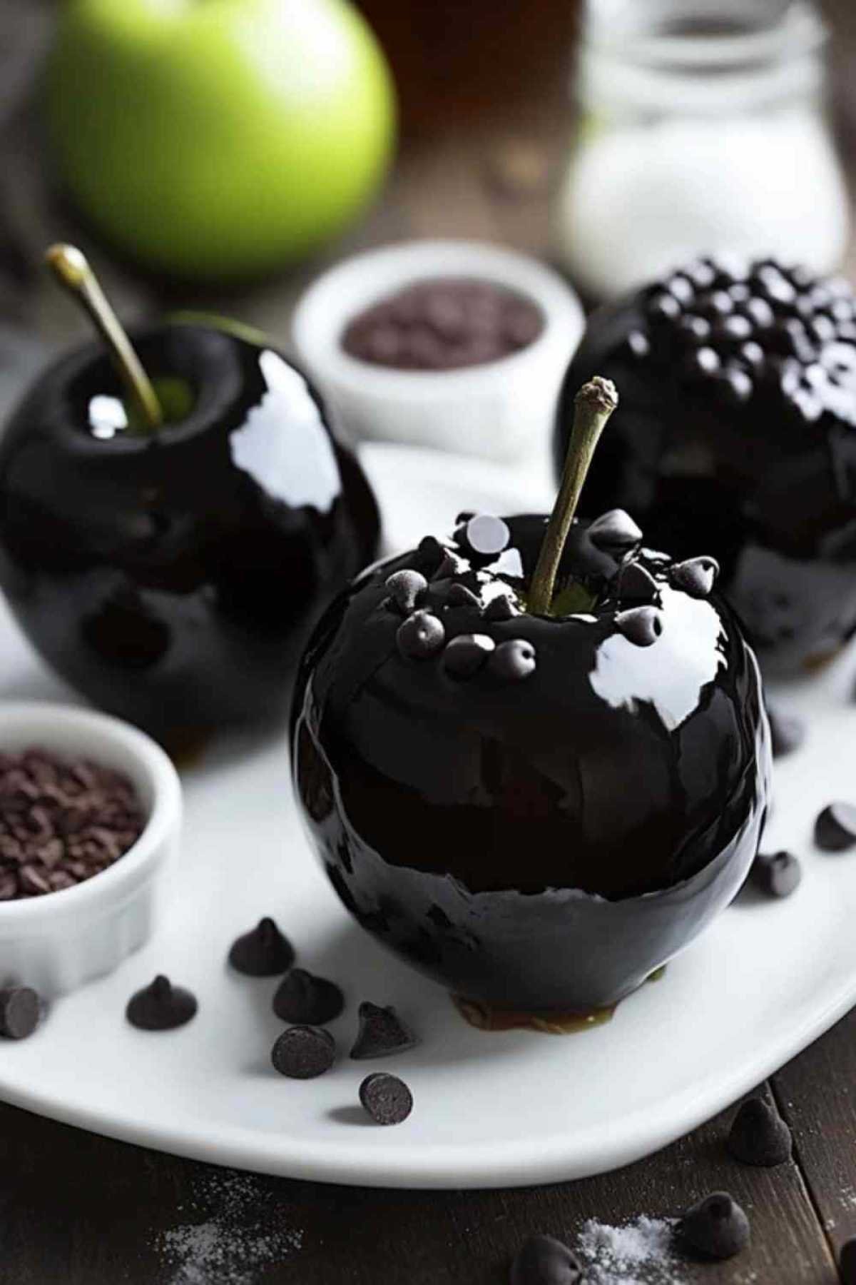 Pomme plongée dans le sirop noir pour pommes candies