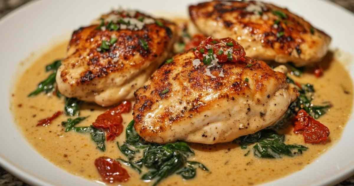Poulet crémeux à la toscane servi avec des pâtes fraîches