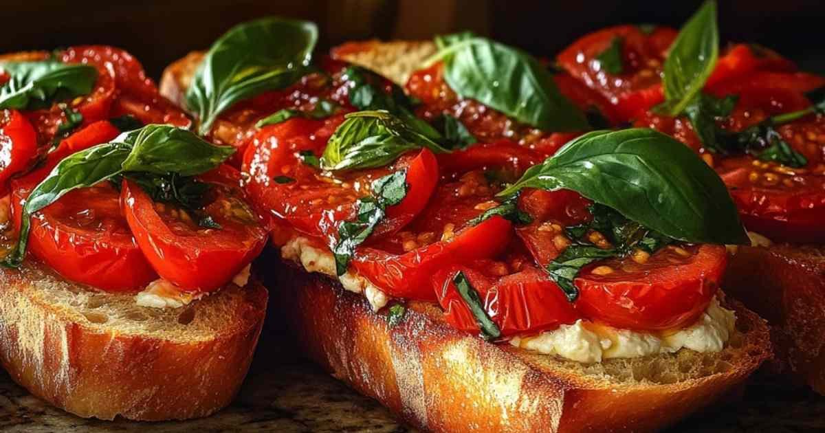 Bruschettas aux tomates confites et burrata fraîchement préparées