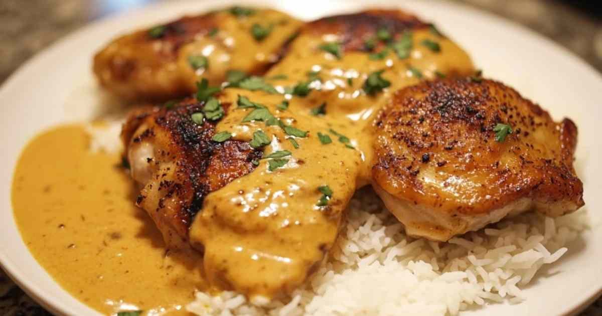 Poulet sauce crémeuse servi sur un lit de riz basmati moelleux