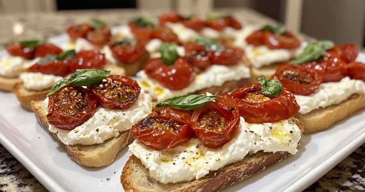 Bruschettas aux tomates confites et burrata fraîchement préparées