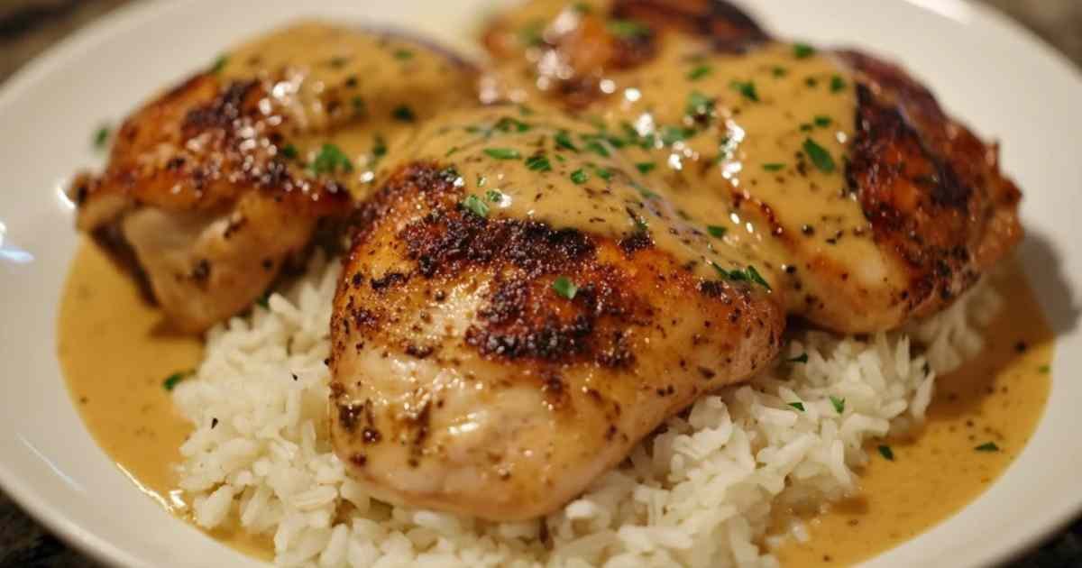 Poulet sauce crémeuse servi sur un lit de riz basmati moelleux