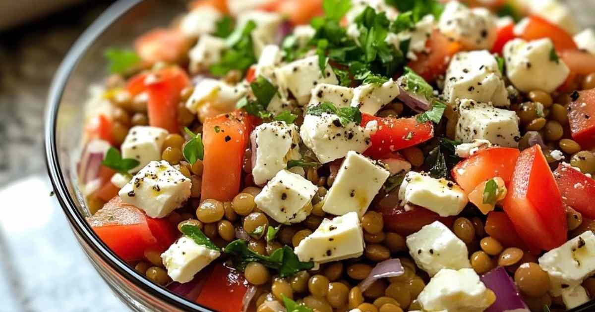 Salade de lentilles et feta marinée servie dans un bol avec garniture de persil frais