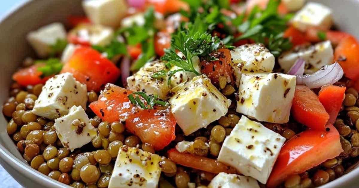 Salade de lentilles et feta marinée servie dans un bol avec garniture de persil frais