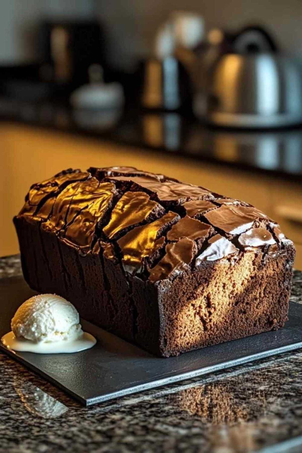 Tranche de pain aux brownies au chocolat servie avec glace à la vanille