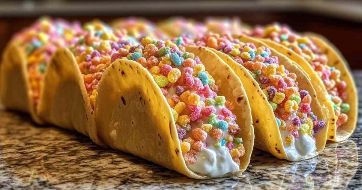 Tacos de cheesecake aux Fruity Pebbles servis sur une assiette colorée