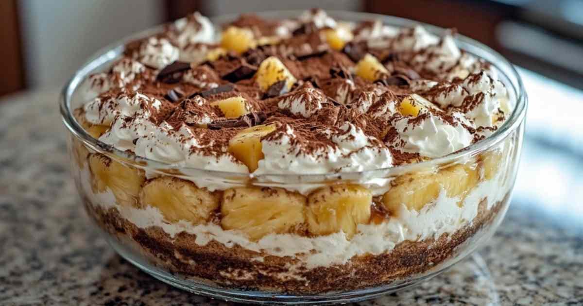 Tiramisu coco ananas dans un plat de service