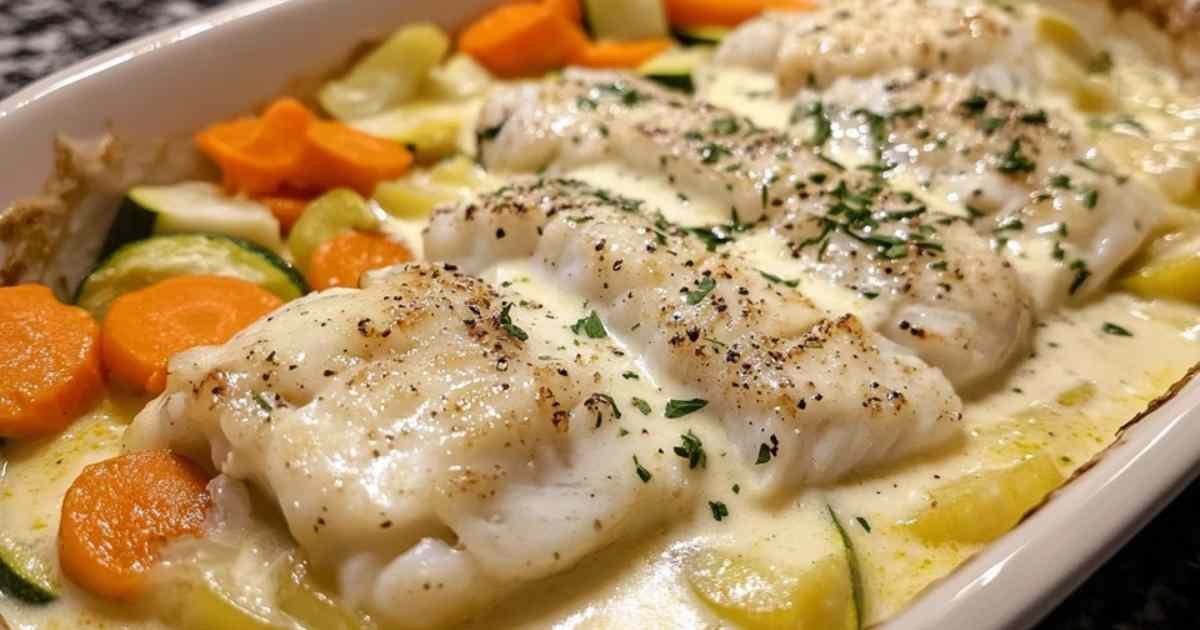Filets de cabillaud au four nappés de sauce crémeuse avec légumes colorés