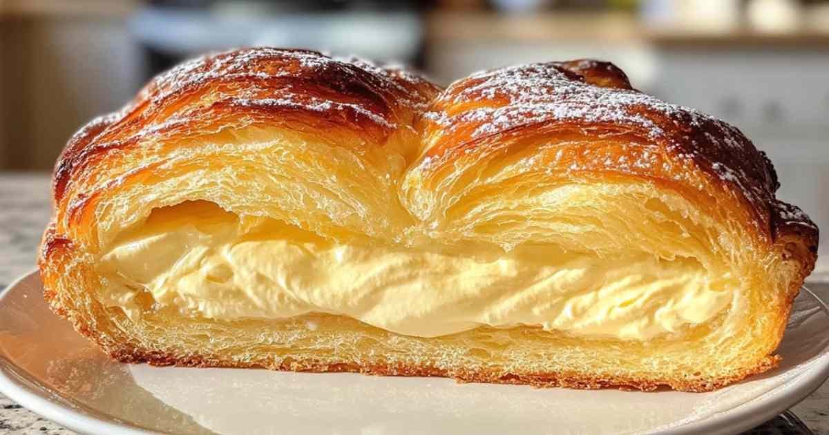 Coupe de tarte tropézienne montrant la garniture crémeuse