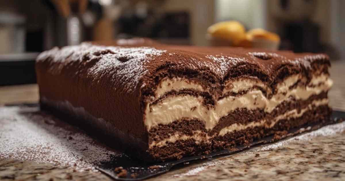 Tranche de bûche tiramisu révélant le tourbillon de crème et biscuit